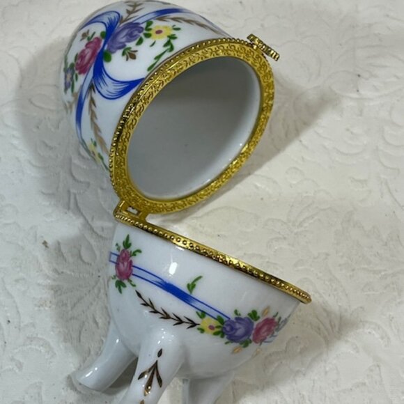 VTG Hand Painted Faberge Style Floral Porcelain Egg Shaped Hinged Jewelry Box - Picture 9 of 16